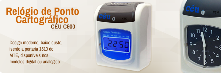 Relógio de Ponto Cartográfico - CÉU C900 - Design moderno, baixo custo, isento a portaria 1510 do MTE, disponíveis nos modelos digital ou analógico... Relógio de Ponto Cartográfico - CÉU C900 - Design moderno, baixo custo, isento a portaria 1510 do MTE, disponíveis nos modelos digital ou analógico...
